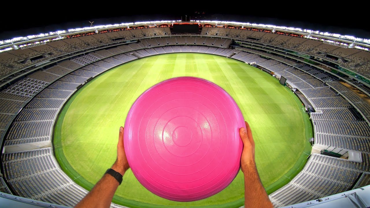 EXERCISE BALL GOLF with MAGNUS EFFECT from STADIUM ROOF!
