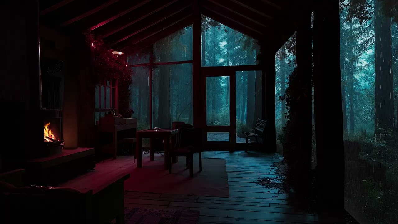 Warm Cabin Ambience in the Forest | Soothing Nature Sounds with Rain for Deep Rest