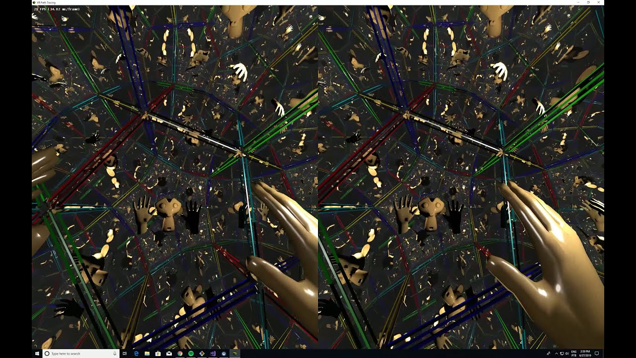 VR visualization of a mirrored dodecahedron in hyperbolic space using NVidia RTX.