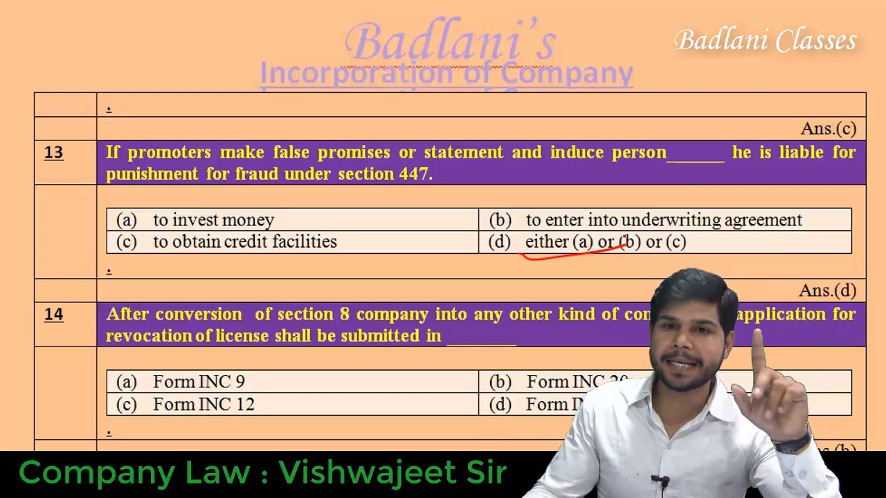 Company Law : MCQ : Incorporation of Company