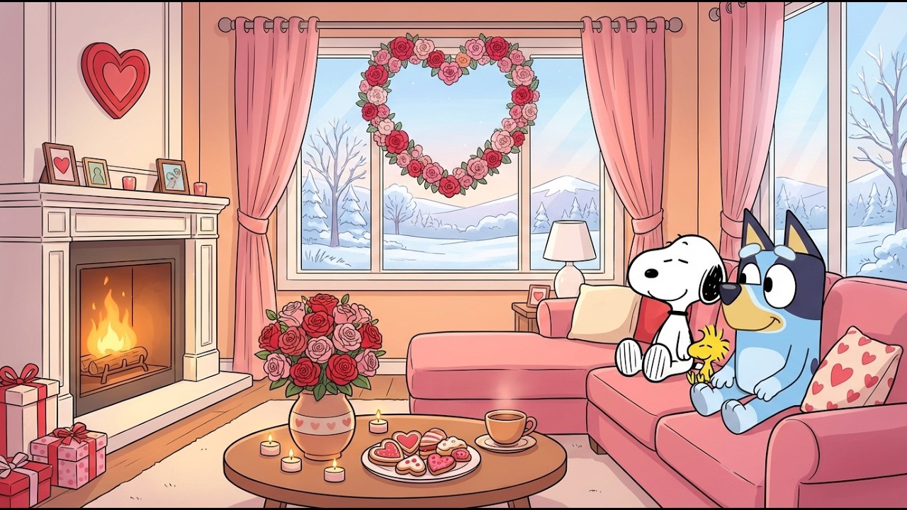 Snoopy & Bluey Valentine Fireplace Night 💖 Chill Jazz Lofi Beats for Calm & Romance ☕Cozy Love Vibes