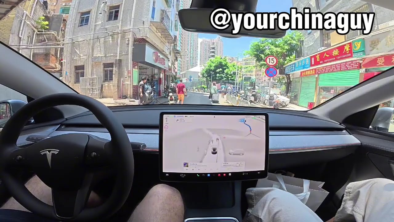 Tesla FSD Navigating Narrow Road Full of Pedestrians in Shenzhen