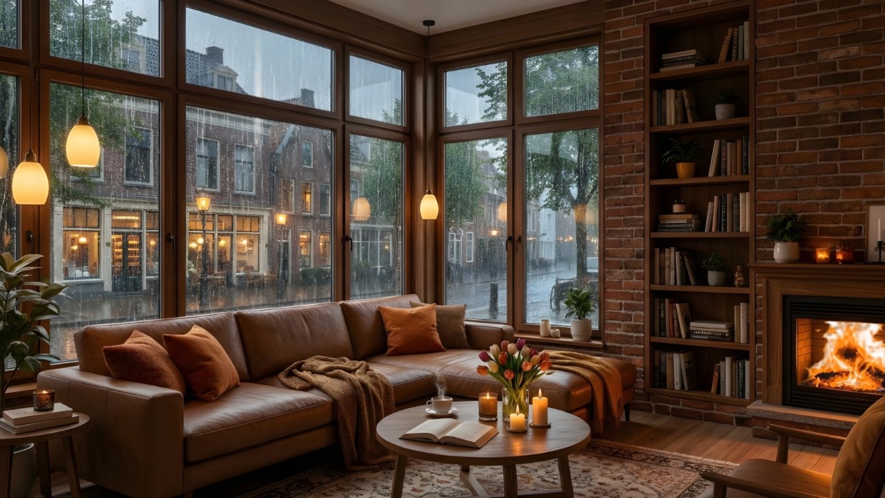 Rainy Street Coffee Shop Evenings 🌧️ ☕| Relaxing Jazz Piano & Cozy Fireplace for Study Nights