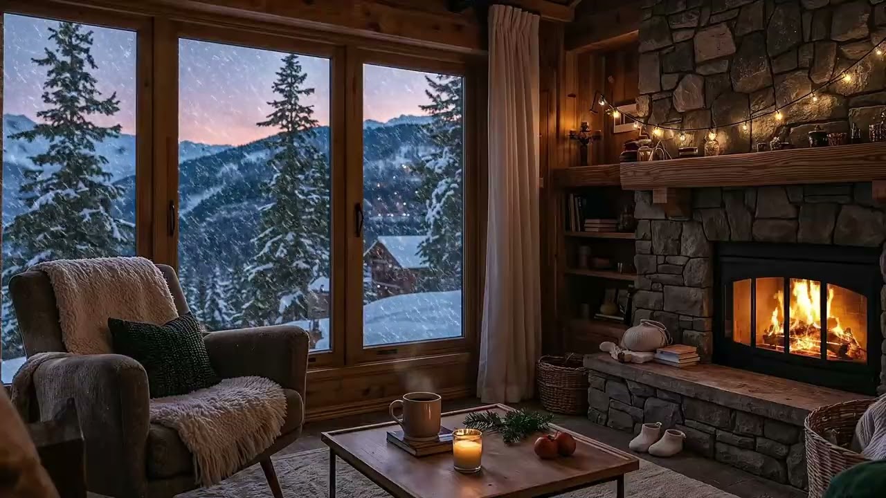 Cozy Winter Ambience | Nature Sounds, Fireplace & Snowfall (Relaxing)