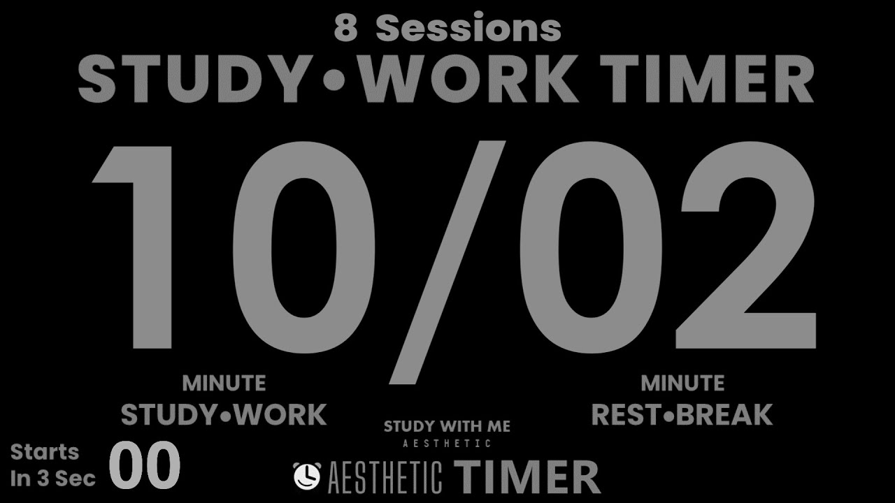 DARK Mode, Pomodoro 10/2 Study Timer, No Music, 8 Sets, 10 Minute Study Timer, Gentle Alarm