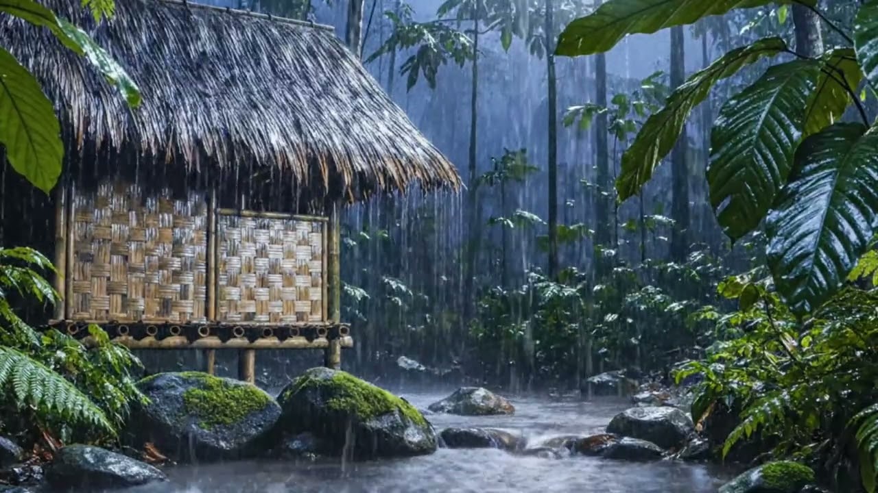 Heavy Rain in a Peaceful Jungle Bamboo Hut Ambience for Deep Sleep and Relaxation