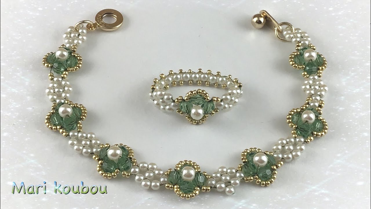 Swarovski丸玉ビーズとパールで作るリングとブレスレット/Round beads and pearls
