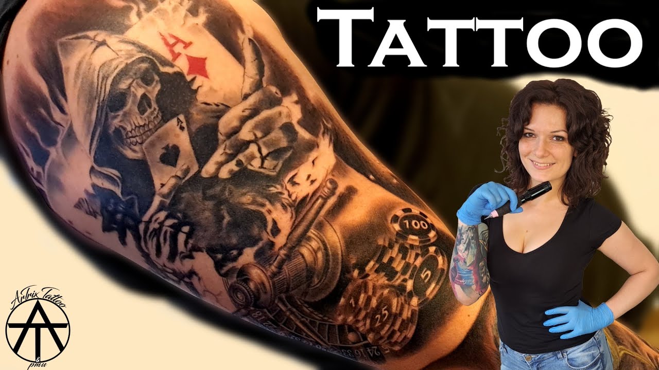 How I made a Full arm Tattoo - Gambling -  Time lapse