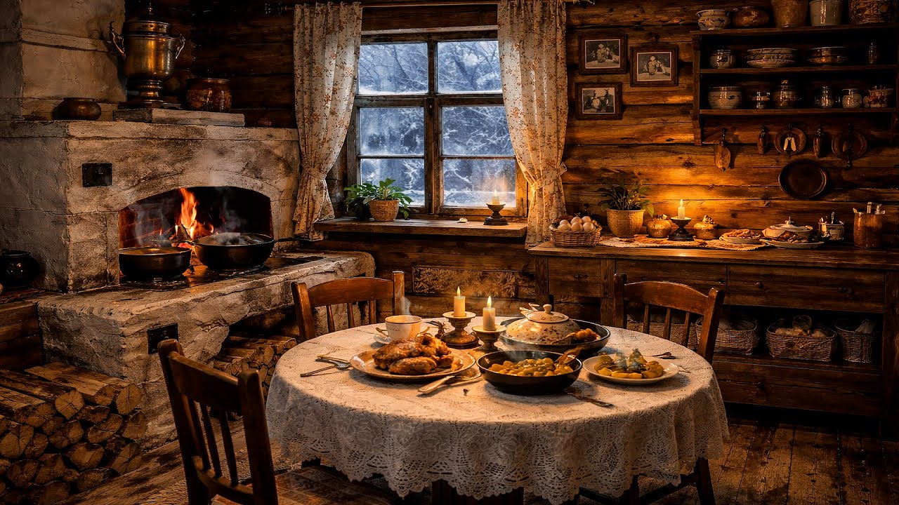 Cozy Winter Kitchen Ambience with Wood Stove | Fireplace, Candlelight & Gentle Cooking ASMR
