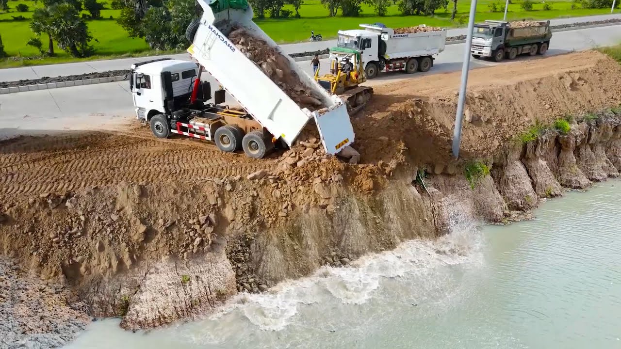 Starting New Project With Technique​ Extreme Bulldozer Playing Push Soil, Dump Truck Unloading Soil