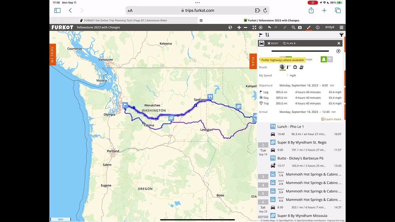Furkot Pro Tip: Changing the Route Type/Preference on an individual route segment.