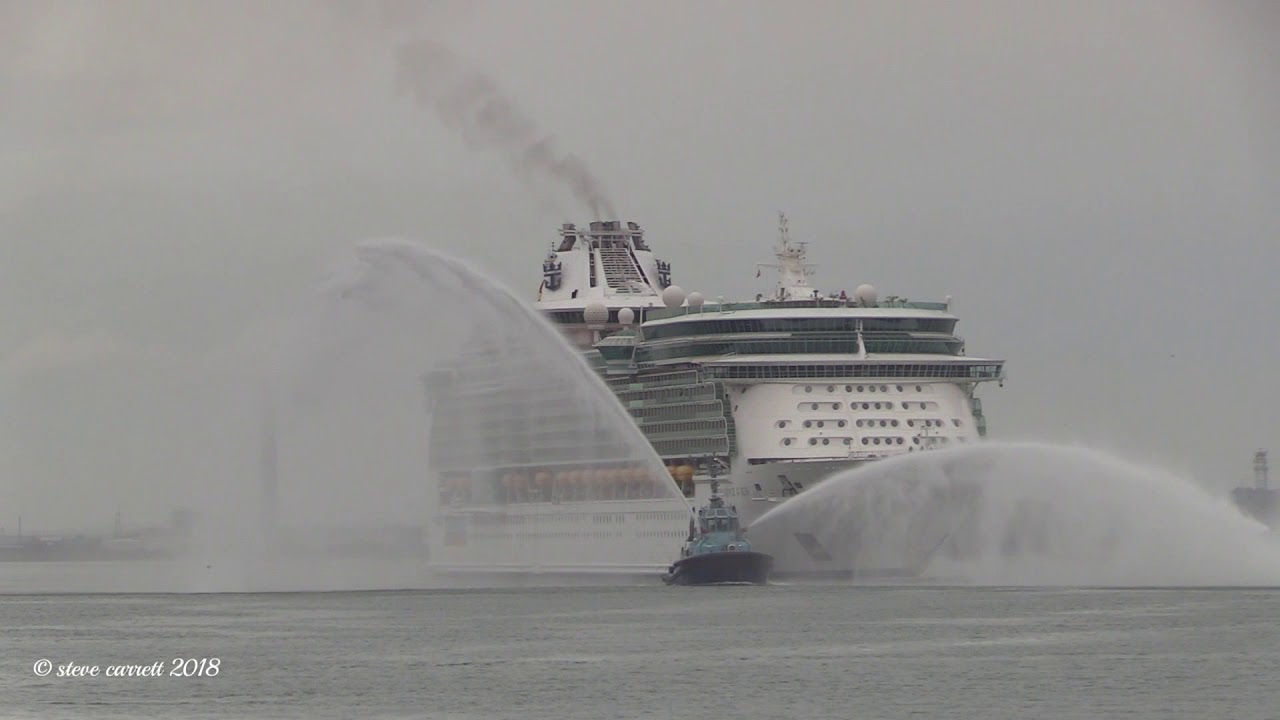 Independence of The Seas Spectacular entrance with firetug escort display Southampton Docks 12/05/18