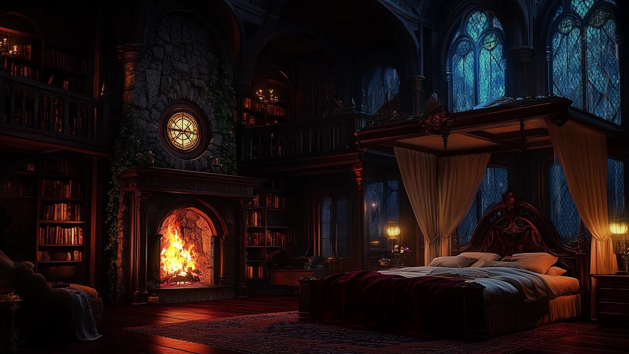 🌩️🏰 Heavy Rain Outside a Majestic Castle Room | Rain on Glass & Cozy Fireplace | Deep Sleep