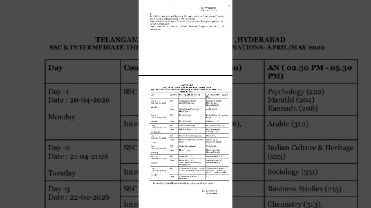 {Official News :- TOSS Time Table Released} - [{TOSS SSC & INTER PUBLIC EXAMINATIONS 2026}] Details