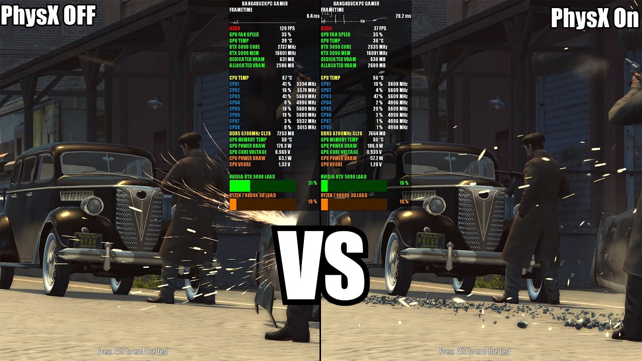 RTX 5090 PhysX ВКЛЮЧЕНО VS ВЫКЛЮЧЕНО, Mafia II 4K | Ryzen 7 9800X3D 5.6 ГГц