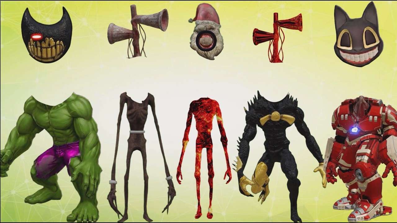 WRONG HEAD SIREN HEAD SANTA, SIREN HEAD LAVA, CAT HULK, BLACK BENNY, SIREN HEAD HULK BUSTER