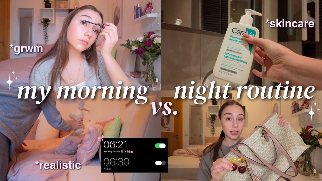 Morning vs Night School Routine 🍵🎀 realistic, makeup routine, skincare