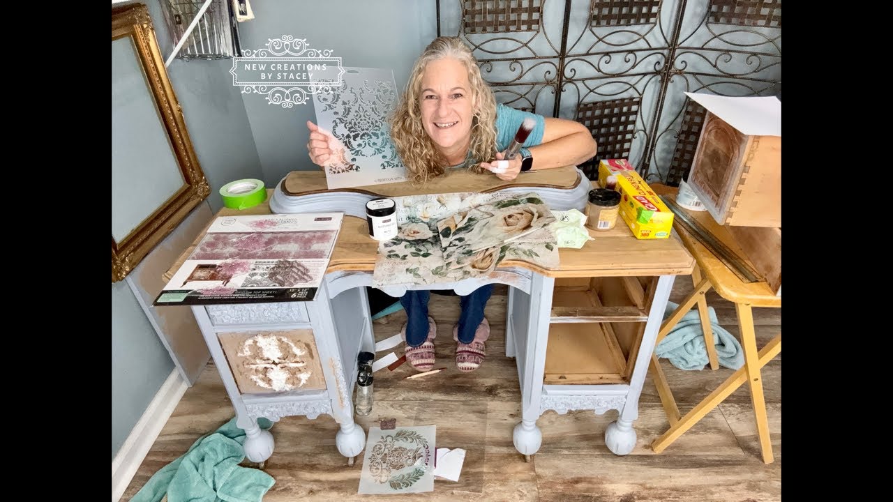 From Ugly Phase to Elegant Beauty | Vanity Makeover with Decoupage, Raised Stencil & Stamp Texture!