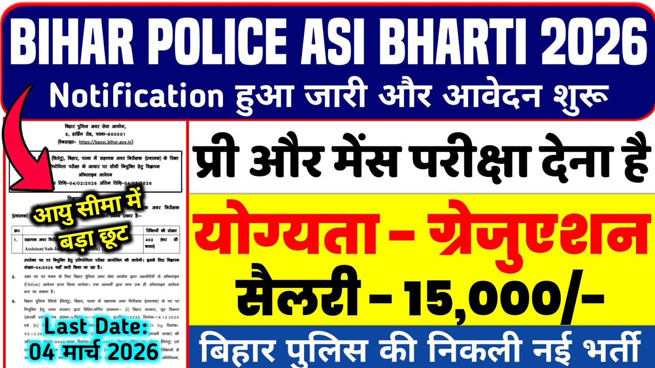Bihar Police ASI Bharti 2026 | Official Notification Out | प्री और मेंस परीक्षा वाली भर्ती |
