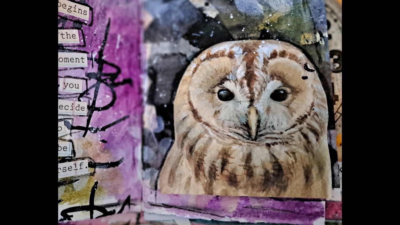 Tagalong Tuesday Art Journal page OWL. ( realtime no editing)
