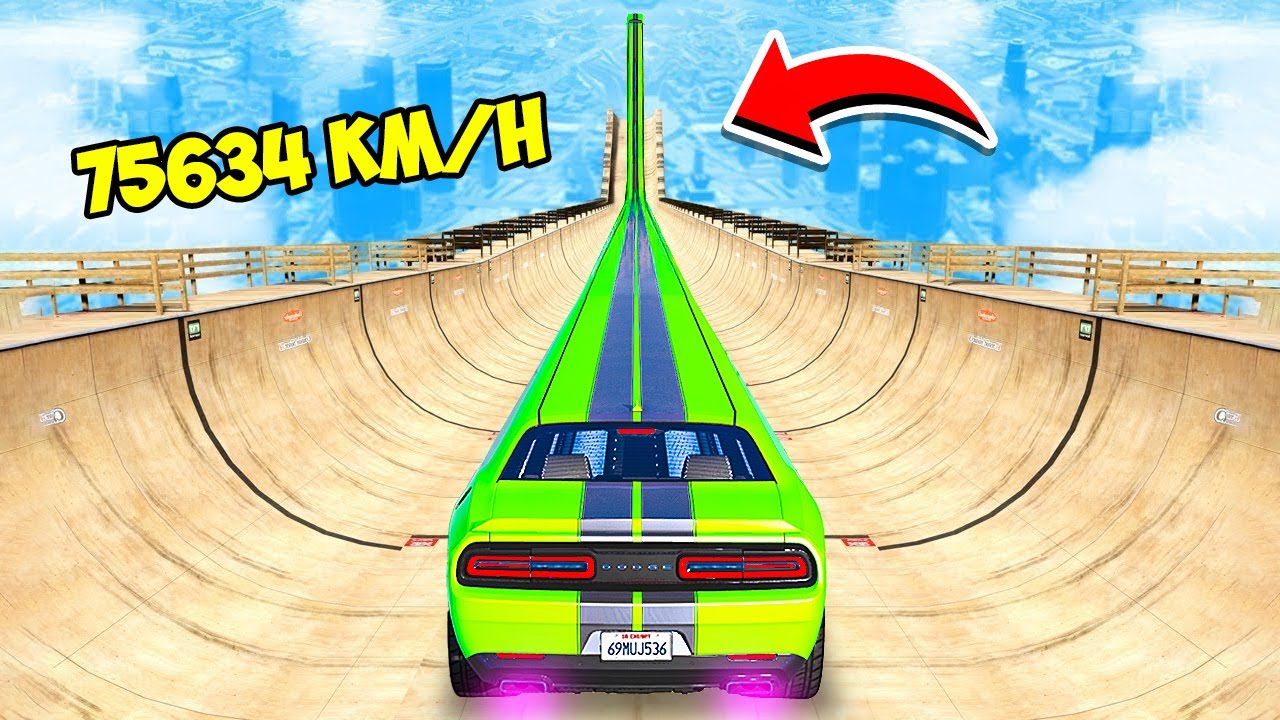 СПУСК БЕЗ ТОРМОЗОВ НА САМОМ ДЛИННОМ ЛИМУЗИНЕ DODGE CHALLENGER ПО ТРАМПЛИНУ В ГТА 5
