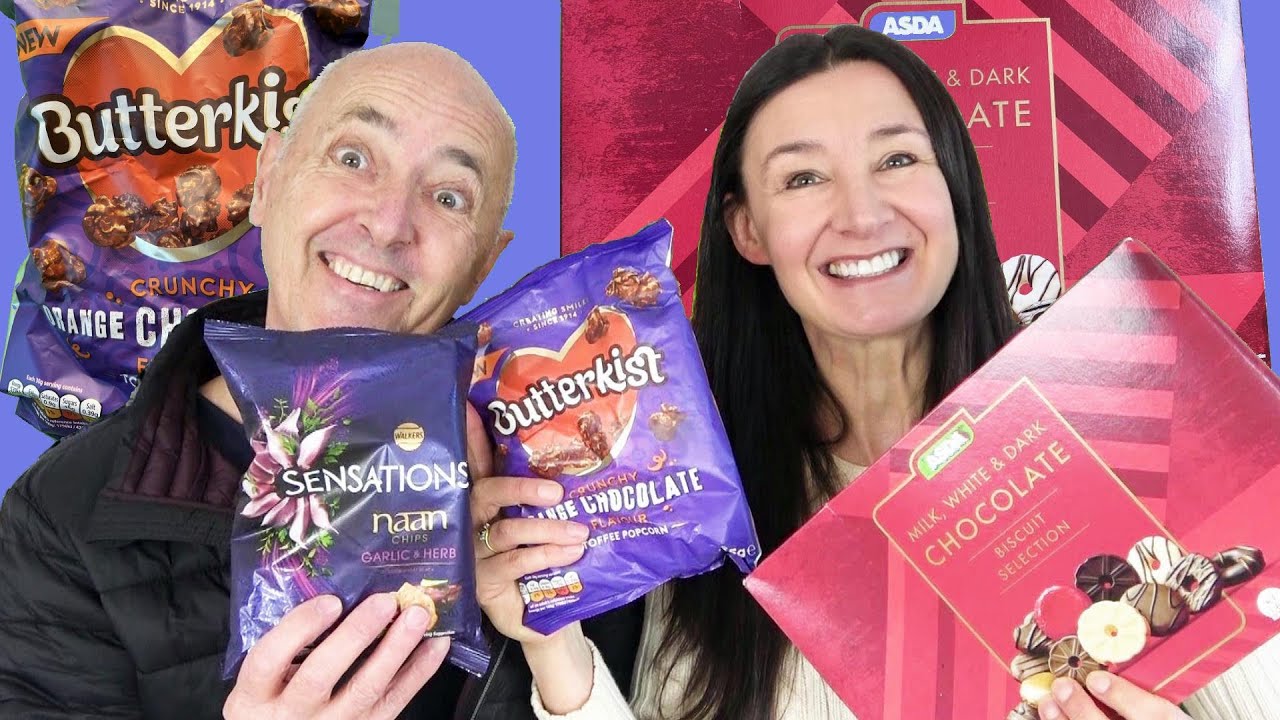 British Taste Test ASDA Choc Biscuit Selection, Walkers Sensations Naan Orange Choc Toffee Popcorn