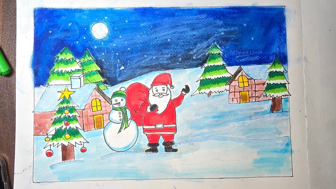 Merry Christmas drawing easy| santa claus drawing | snowman santa claus scenery drawing 