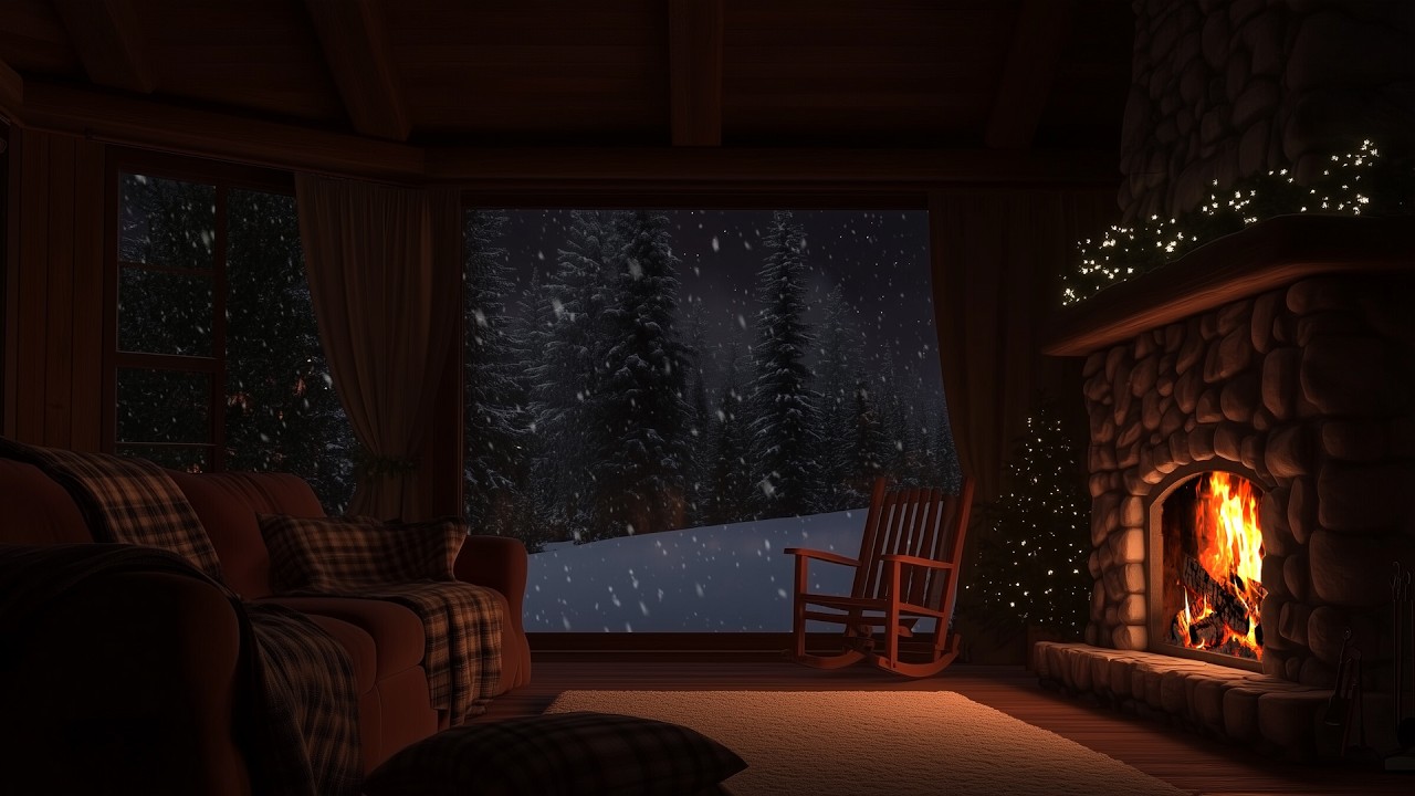 Crackling Fireplace & Soft Wind Sounds in Warm Cabin | Cozy Winter Night Ambience for Sleep & Relax