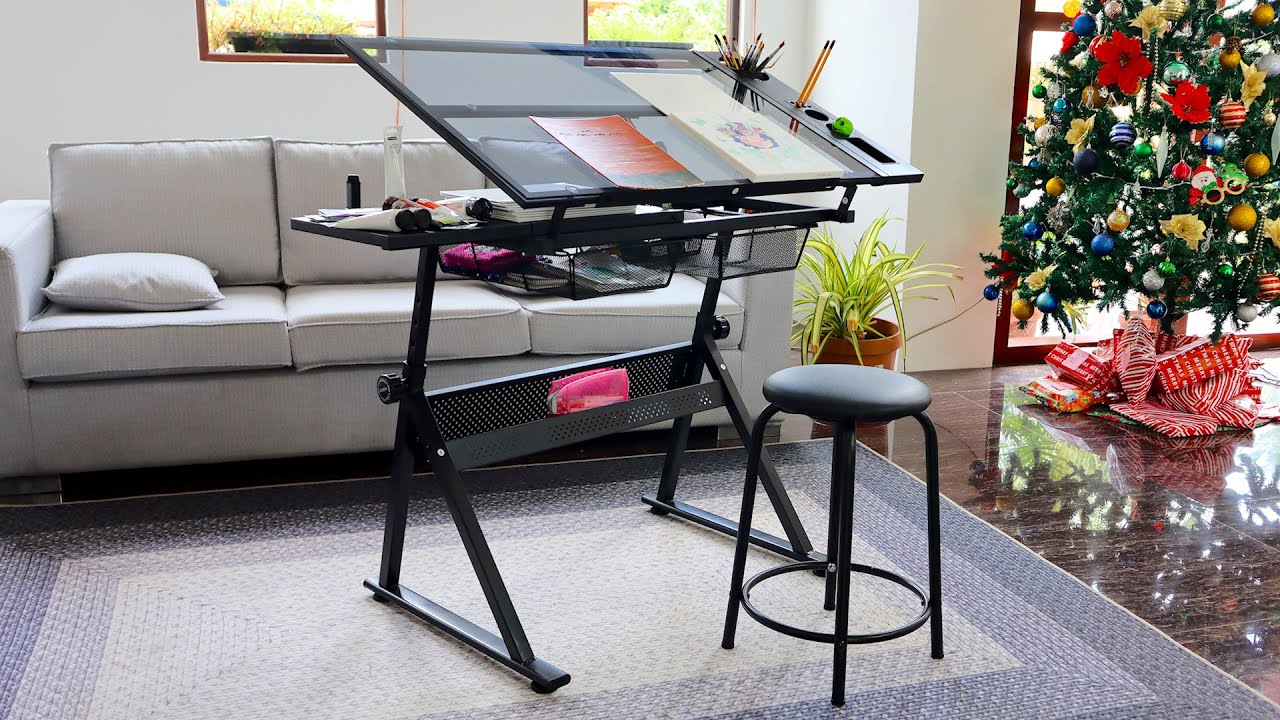 Glass Top Drafting Table w/Stool by Yaheetech - Full review