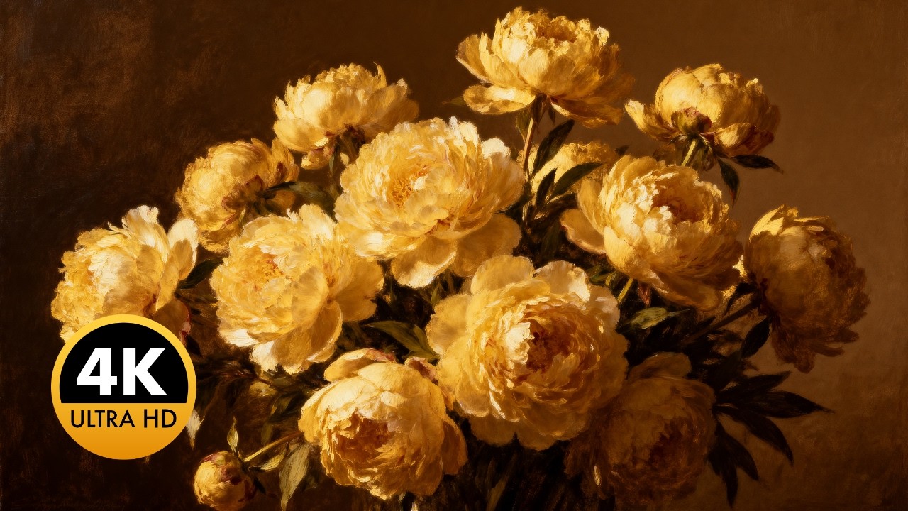 Golden Peonies Oil Painting | 4K Art for TV | 2 Hours Smart TV Screensaver