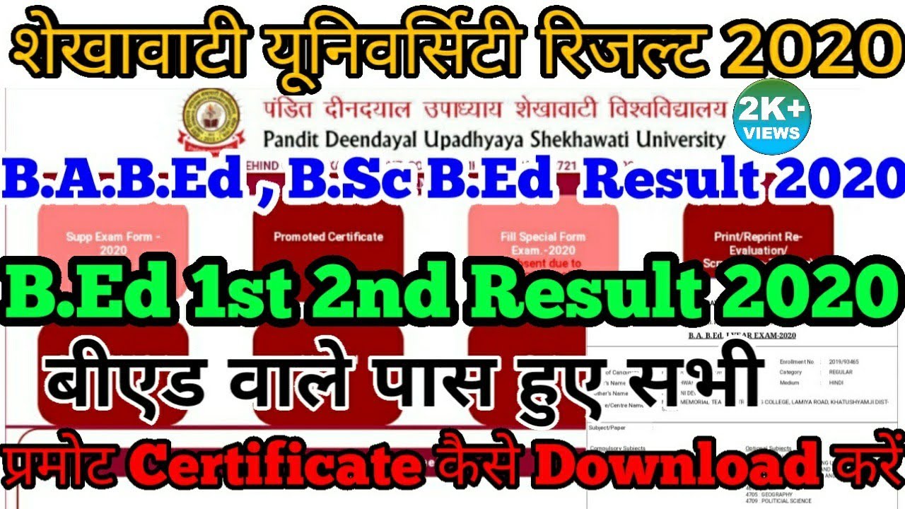 Shekhawati University B.Ed Promote Result 2020 Declare/PDUSU B.A. BED, B.SC B.ED RESULT 2020 DECLARE
