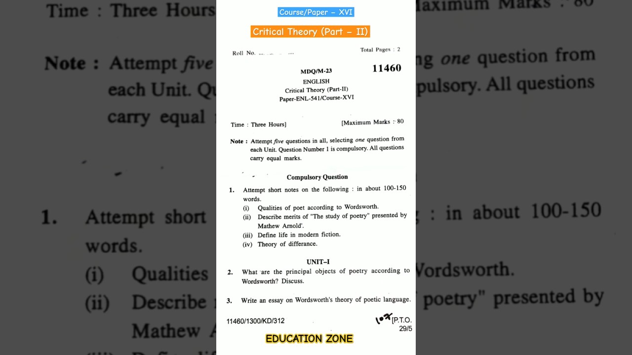 M.A English 4th Semester Ques. Paper Course &ndash; XVI Critical Theory (Part &ndash; II) Kuk University