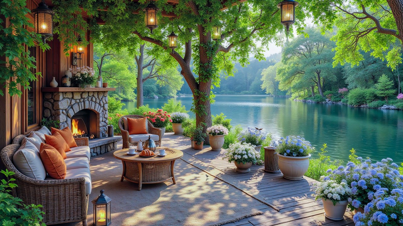 Warm Spring Balcony Ambience by the Lake 🌸 Soft Piano & Crackling Fireplace Sounds for Work, Study