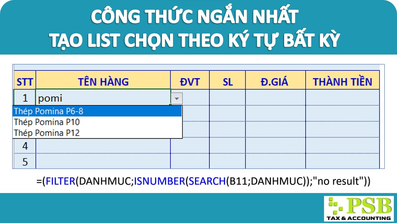 Tạo Drop-down list tìm kiếm theo ký tự bất kỳ trong Excel (searchable drop-down list)