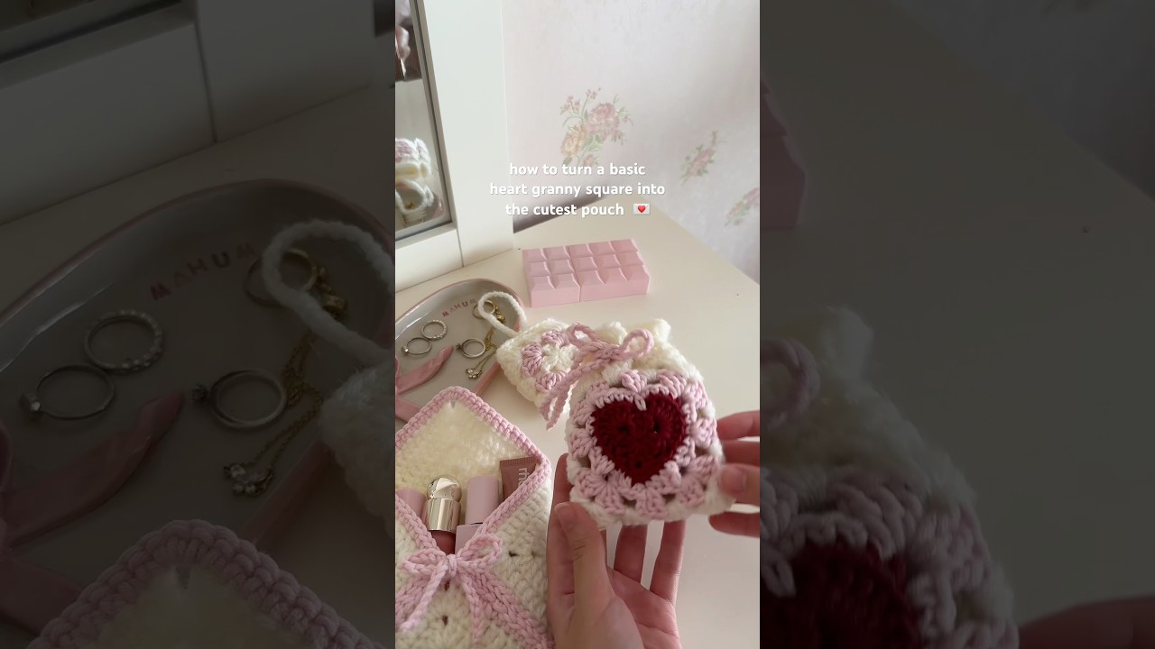 from #crochet granny square to a cute heart drawstring pouch 💌 #craft #diy