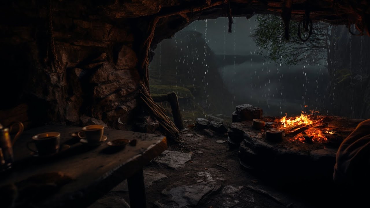 12 Hours in a Hidden Cave – Experience Pure Relaxation with Soothing Rain & Cozy Campfire Sounds 🔥😴