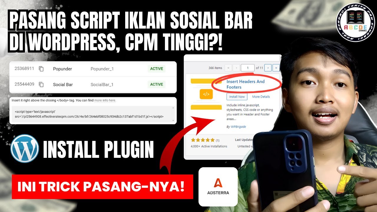 Cara Pasang Script Iklan Sosial Bar Adsterra di Wordpress