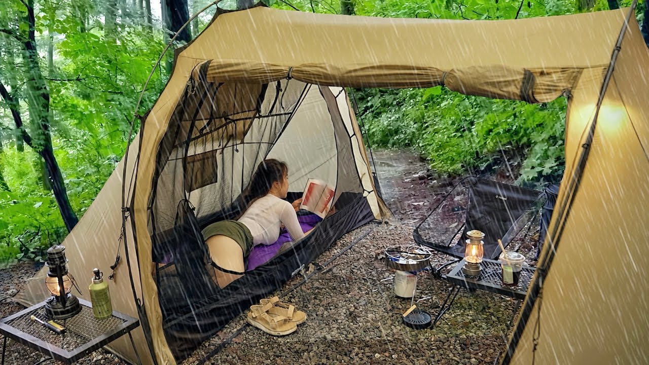 Одиночный кемпинг под проливным дождем - внезапный сильный дождь в палатке, расслабляющий, ASMR