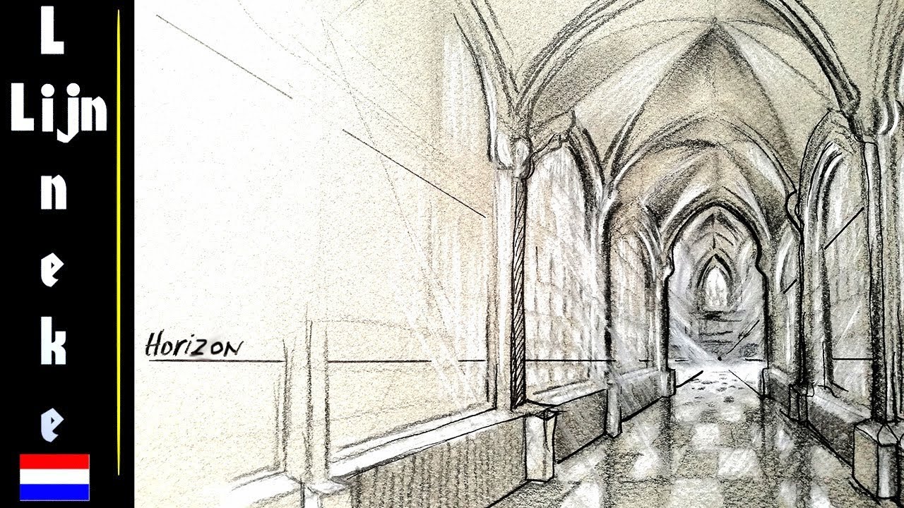 Hoe teken je perspectief Kerk Interieur met kruisboog gewelf