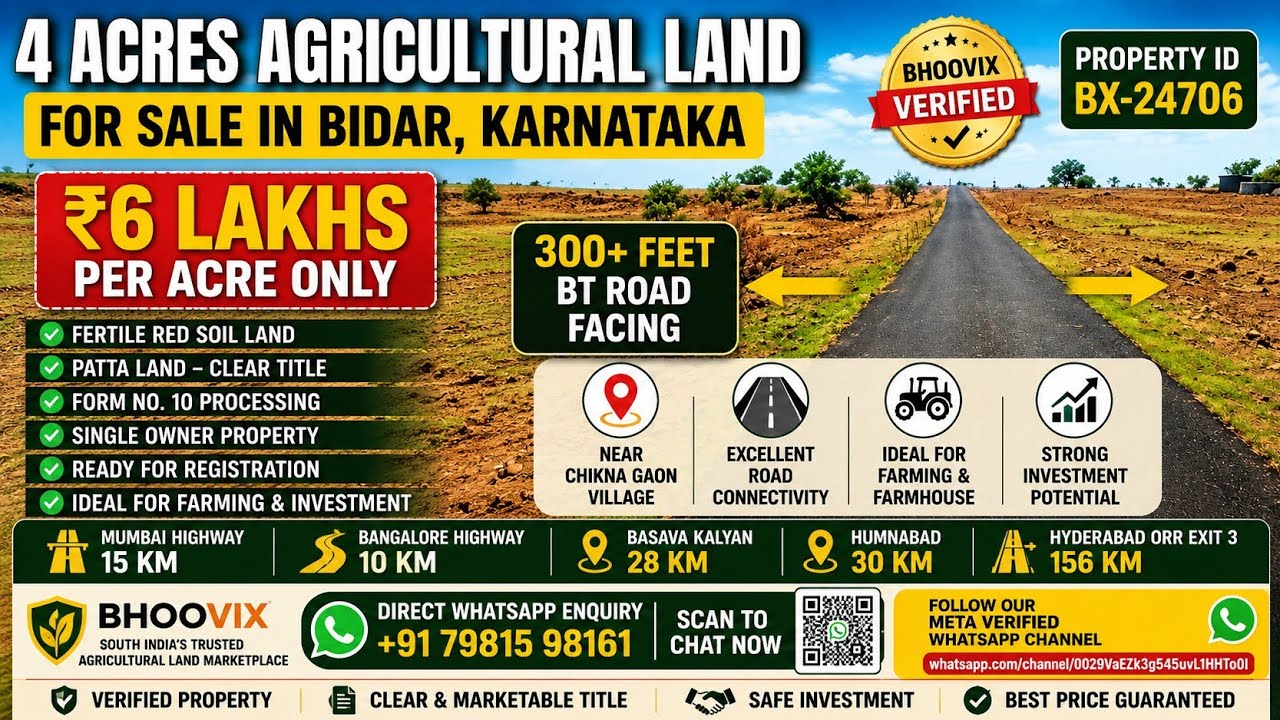 ₹6 Lakhs Per Acre! 4 Acres BT Road Redsoil Farm Land for Sale in Bidar | BX-24706