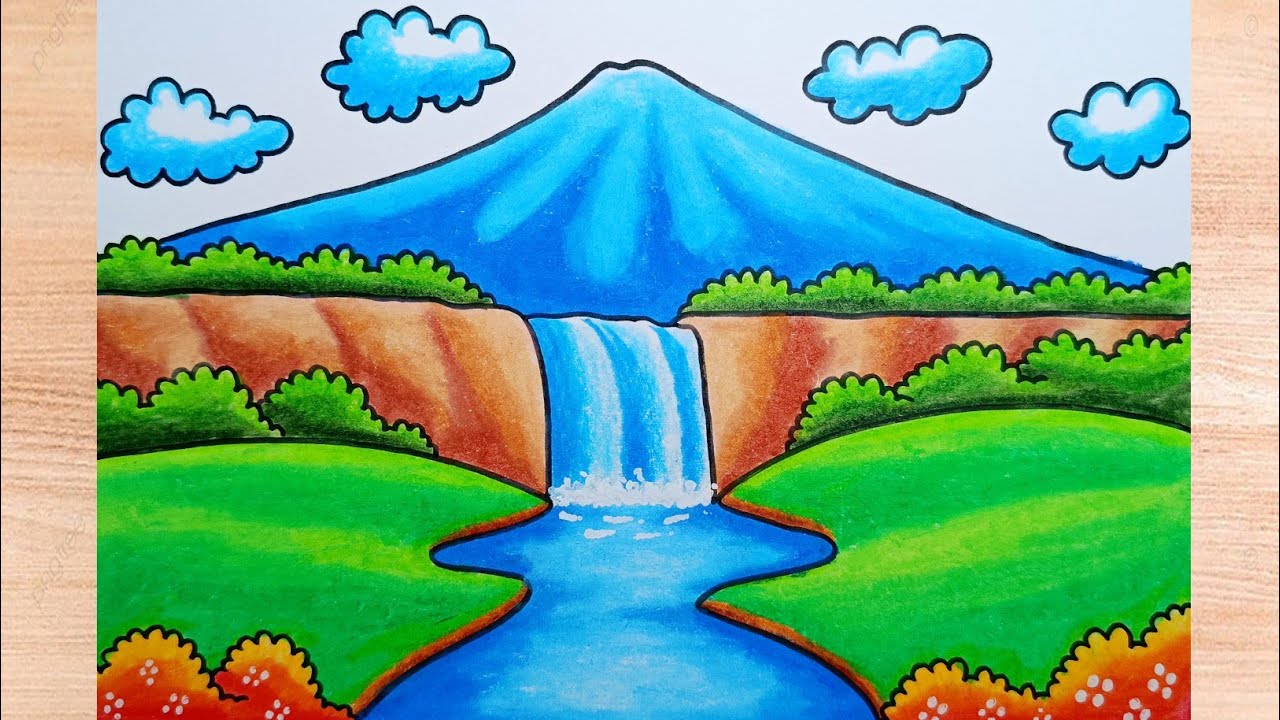 Easy Mountain and Waterfall Drawing Tutorial || Mountain Landscape Drawing