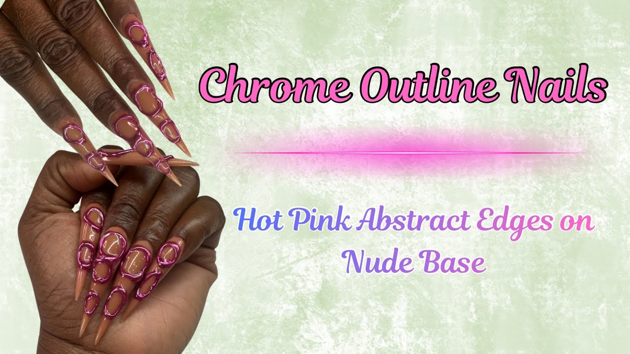 💖 Chrome Outline Nails | Hot Pink Abstract Edges on Nude Base 💅