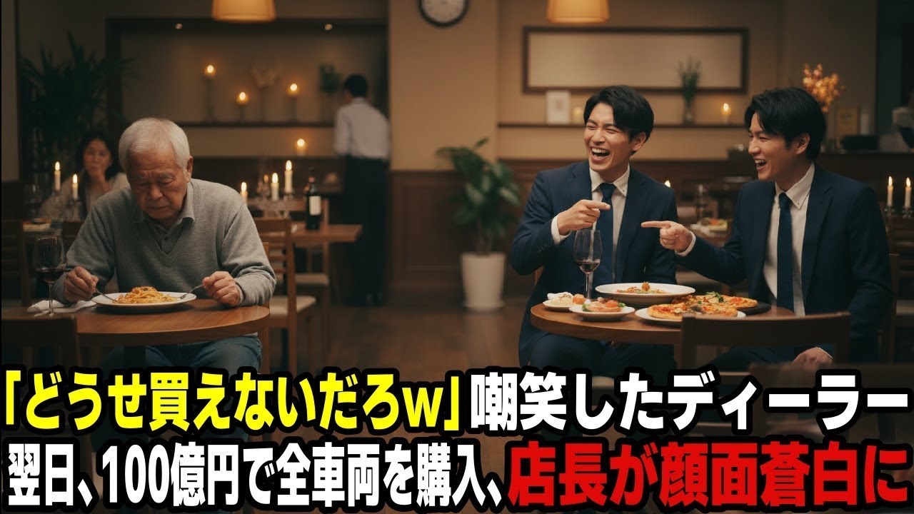 「どうせ買えないだろw」ボロ服のお爺さんを嘲笑したディーラー。翌日、100億円の全額キャッシュで全在庫を買い占められ、店長が顔面蒼白に
