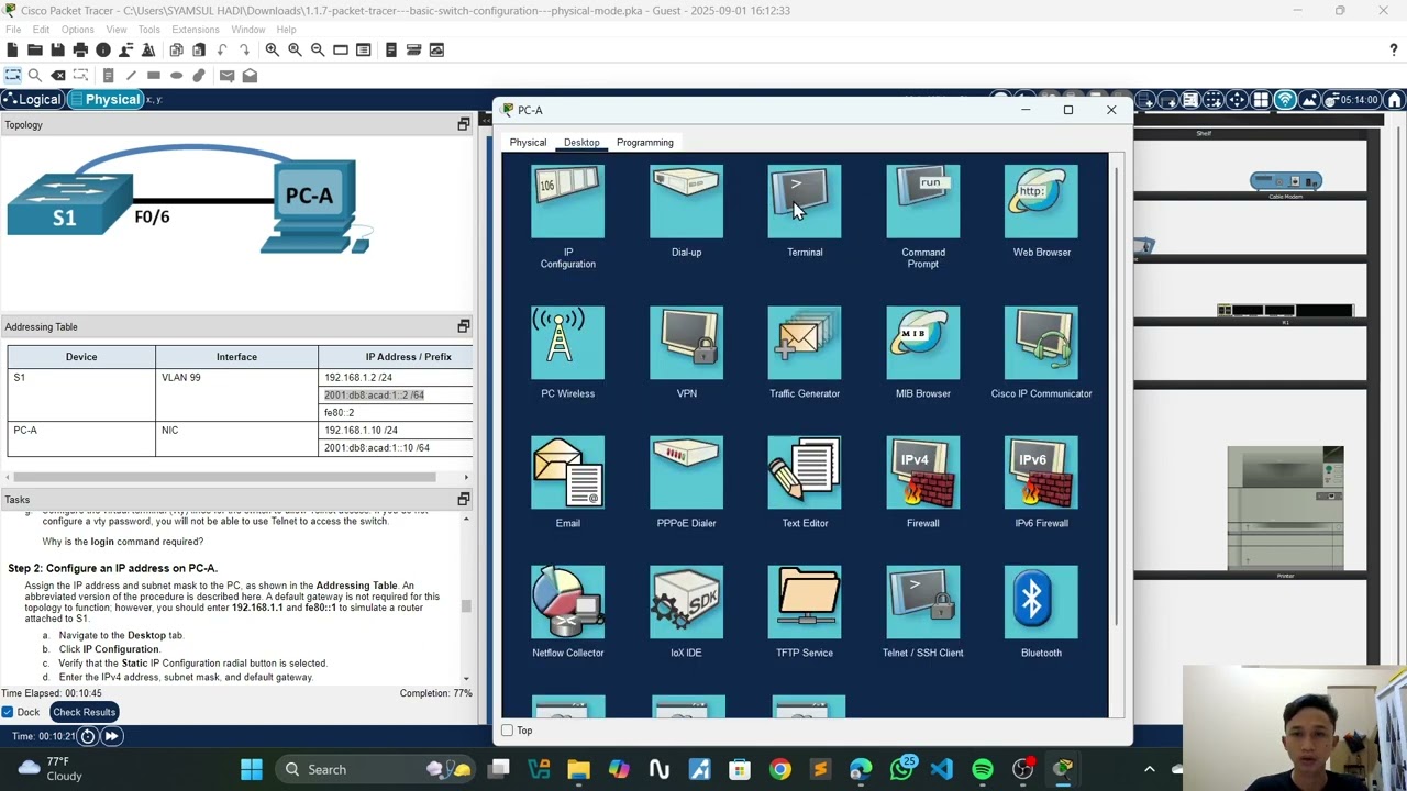 1.1.7 packet tracer   basic switch configuration   physical mode