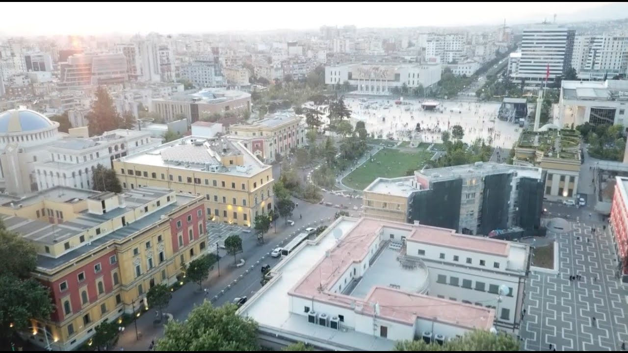 Albania - Views from Drone of City of Tirana - Day & Night