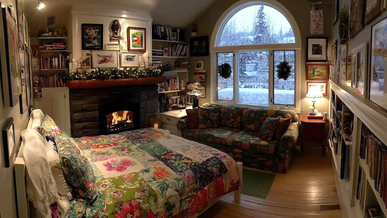 Winter Cabin Serenity: Fireplace Crackling & Howling Blizzard for Stress Relief & Sleep