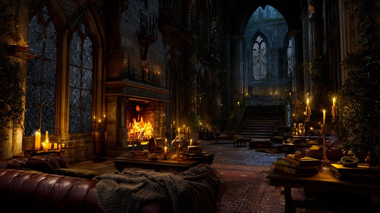 Medieval Castle Night Ambience with Gentle Rain and Fireplace Sounds for Deep Sleep Relaxation