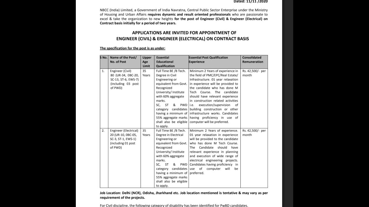 NBCC - CIVIL / ELECTRICAL - BE