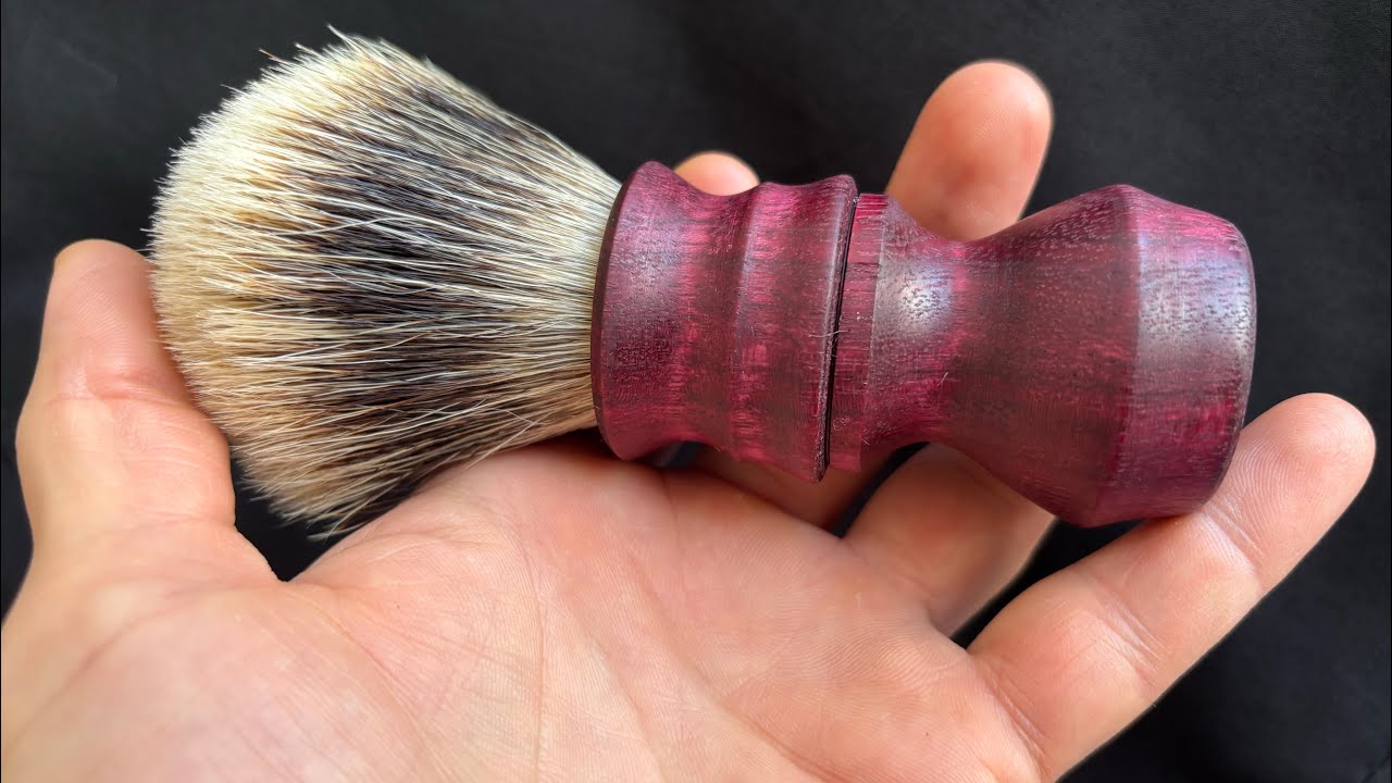 Turning a piece of purple heart into a shave brush handle 