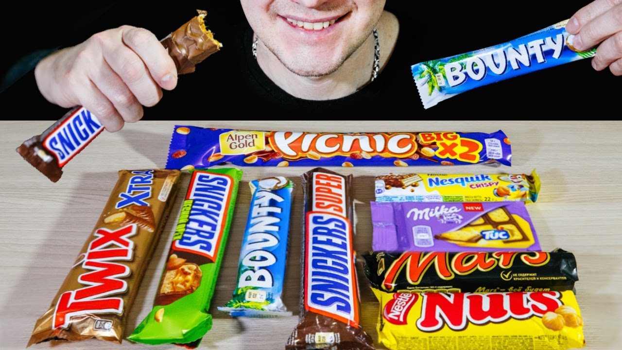 ASMR CHOCOLATE CANDY BAR EATING (SNICKERS, MARS, NUTS, MILKA, BOUNTY, TWIX, PICNIC, NESQUIK) 먹방